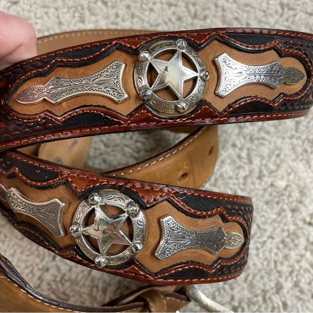 Men's JUSTIN Brown LEATHER Silver STAR Concho WESTERN Cowboy RODEO Dress BELT 54